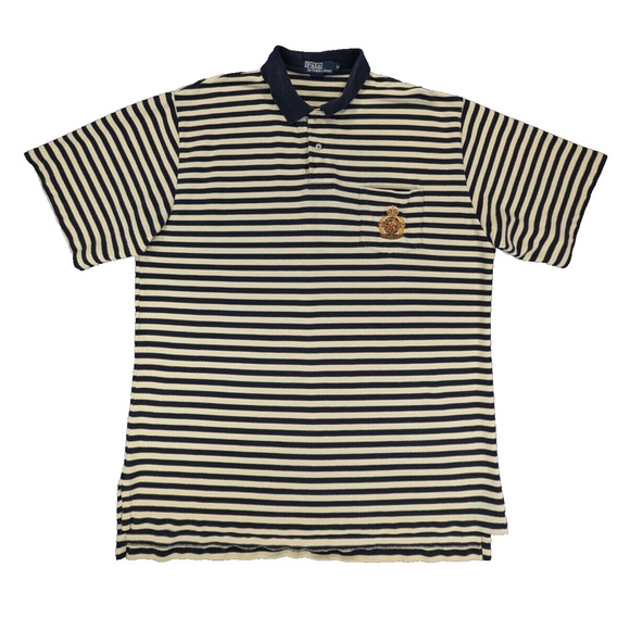 Polo Ralph Lauren Polo Shirt XL Men's VTG Striped Yellow Blue Crown Patch Cotton - Picture 1 of 6